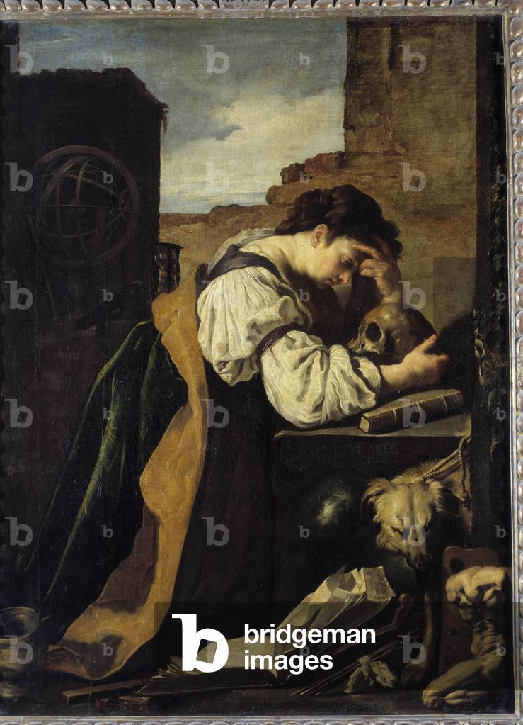 Immagine di Dipinto "Melancholia Una giovane donna triste si china sulla testa di un teschio" di Domenico Feti