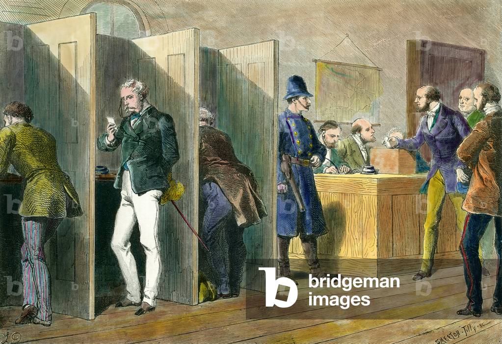 Inside a polling station during elections in England with representation of the voting booths, 19th century (engraving)