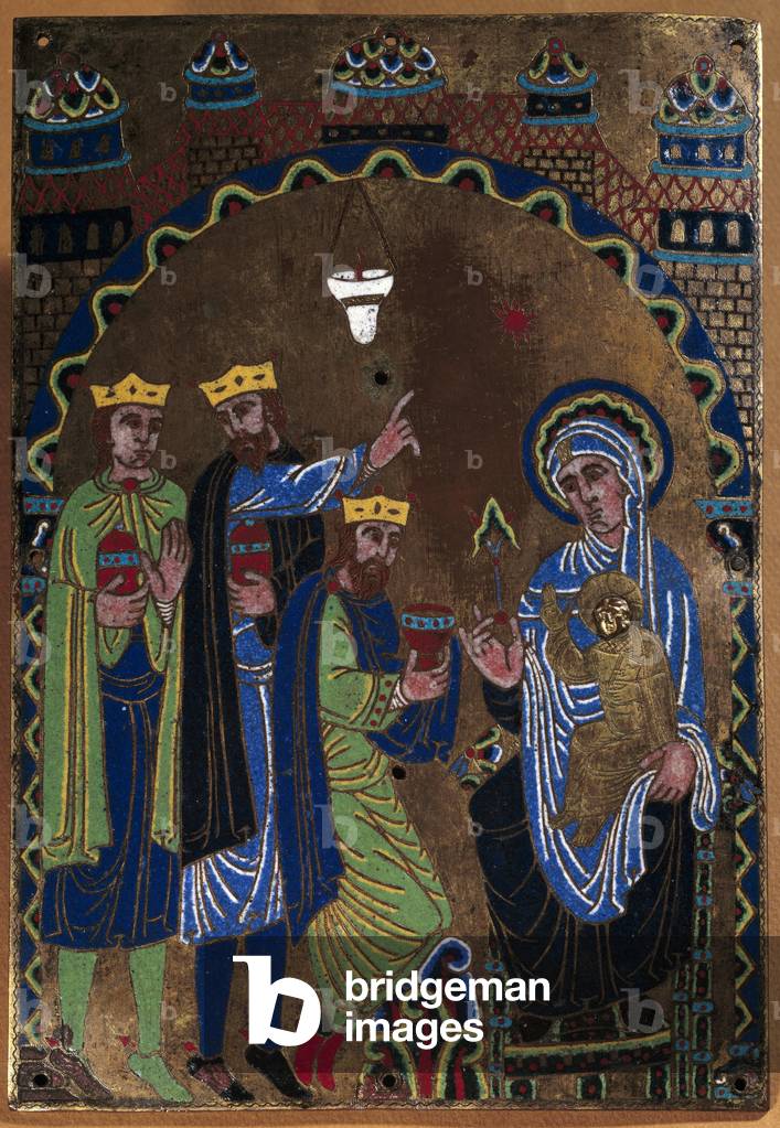 Plaque of the major altar of the Abbey of Grandmont: Adoration of the Magi. Enamel dore and chisele on copper,