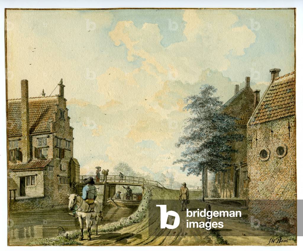 A view of the New Tollbridge by the Burgvliet House with the Drievliet House in the diestance - Rijswijk, Holland (pencil and black ink and w/c)