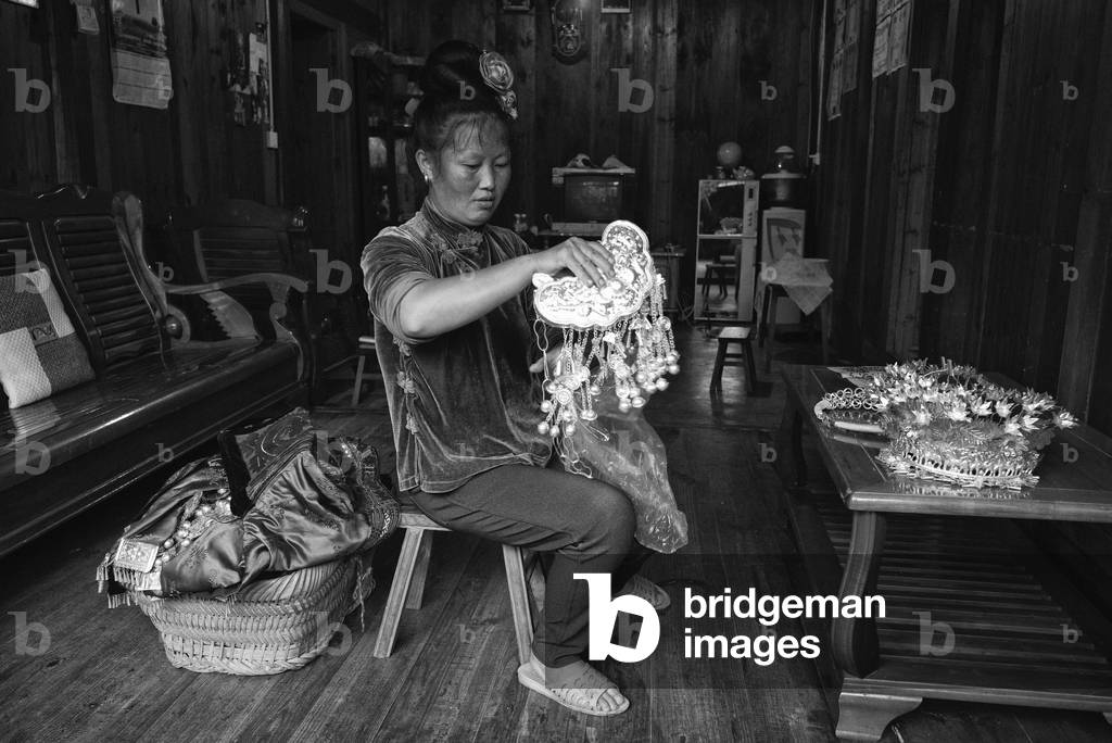 Traditional Miao Head dress, Chengdu, China (b/w photo)