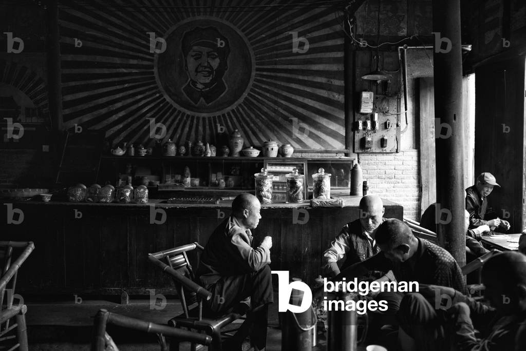 Traditional tea house in the old part of Chengdu, China (b/w photo)