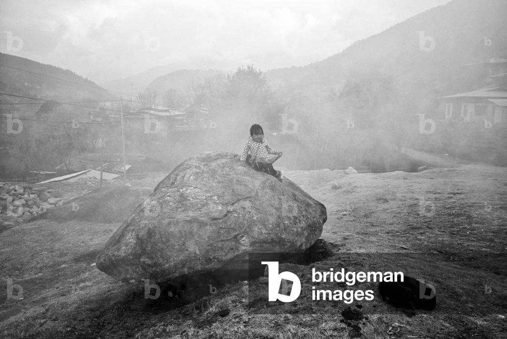 Street scene, Bumthang, Bhutan (b/w photo)