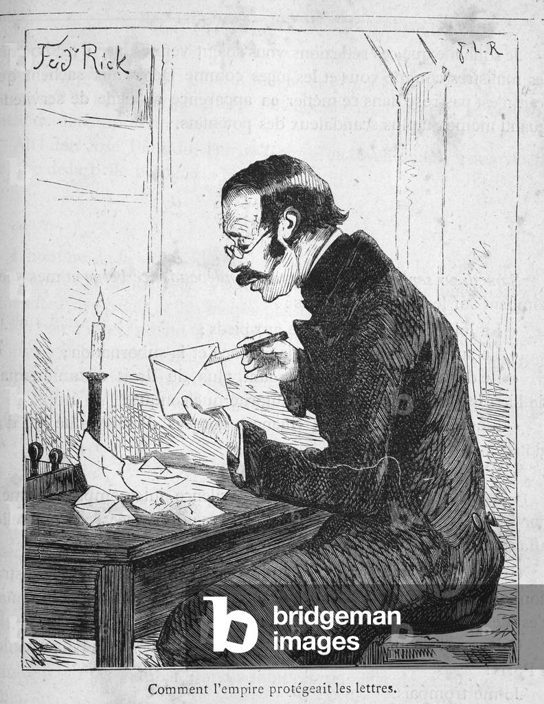 Cartoon of the politics of the Second Empire (Bonapartiste Regime) directed by Napoleon III (Charles Louis Napoleon Bonaparte, dit Louis-Napoleon Bonaparte, 1808-1873). “How the empire protected its letters”