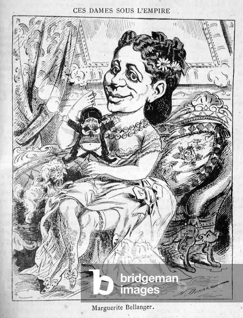 Cartoon of the politics of the Second Empire (Bonapartiste Regime) directed by Napoleon III (Charles Louis Napoleon Bonaparte, dit Louis-Napoleon Bonaparte, 1808-1873). Marguerite Bellanger. Julie Leboeuf, became an actress under the name of Marguerite Bellanger, is the last lasting affair of Emperor Napoleon III to whom she gave a son, Charles, did in 1864. La Lanterne, July 23, 1869. Engraving in “” Napoleon dernier: Les Lanternes de l'Empire”” (Volume 2, volume 3), reedition of 1880-1881 of 75 issues of the newspaper “” La Lanterne “” published by Henri Rochefort (1831-1913) between 30/05/1868 and 29/10/1869 at the Anti-Clerical Librairie. Private collection.