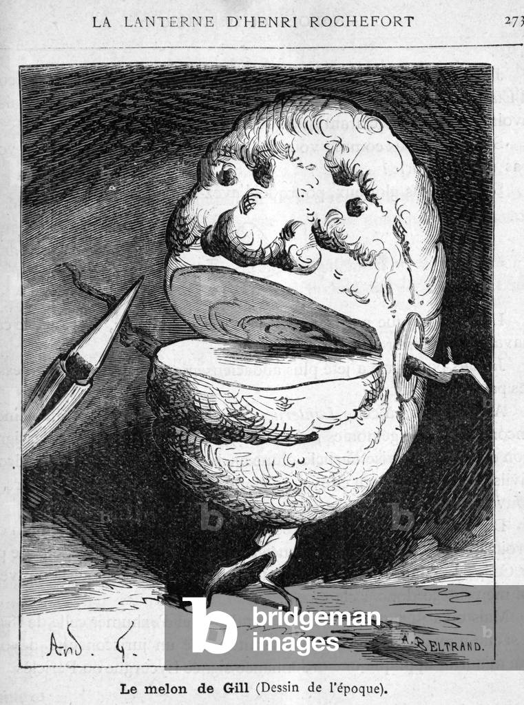 Cartoon of the politics of the Second Empire (Bonapartiste Regime) directed by Napoleon III (Charles Louis Napoleon Bonaparte, dit Louis-Napoleon Bonaparte, 1808-1873). “Gill's melon (drawing of the period)”. Following the censorship of one of his drawings, Andre Gill (1840-1885), a French cartoonist, replaced him with that of a melon deprived of one of his slices and opened his mouth to deliver a speech. The cartoon, published in L'Eclipse on 15 August 1868, is in turn censured for “obscenite”. The identity of the person represented is controversial. Illustration by Andre Gill, published in L'Eclipse and reproduced in La Lanterne, August 15, 1868. Engraving in “” Napoleon dernier: Les Lanternes de l'Empire”” (Volume 1, volume 1), reedition of 1880-1881 of 75 issues of the newspaper “” La Lanterne “” published by Henri Rochefort (1831-1913) between 30/05/1868 and 29/10/1869 at the Anti-Clerical Librairie. Private collection.