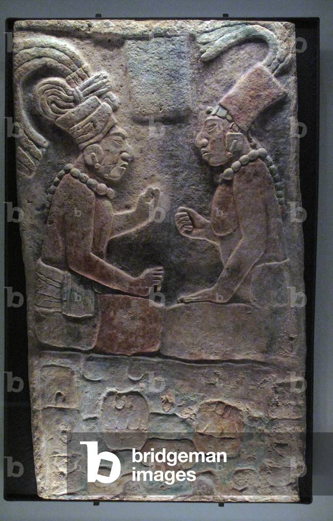Two seated men, El Chicozapote, Usumacinta, Late Classic Period, 600-900 AD (stucco & paint)