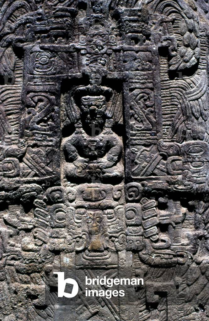 Detail on the reverse of Stela I at Quirigua, Izabal, Guatemala, Late Classic period, c.600-900 AD (photo)