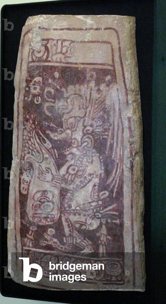 Vault cover with painting of the God K'Awiil and hieroglyphic text, Chenes Area, Yucatan, Late Classic period, 600-900 AD (stucco coated and painted stone)