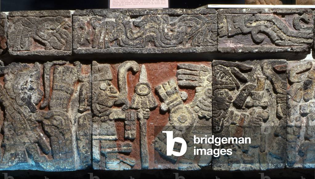 Low relief on a bench in Templo Mayor, Late Post-Classic period, c.1500 (stone with painted stucco)