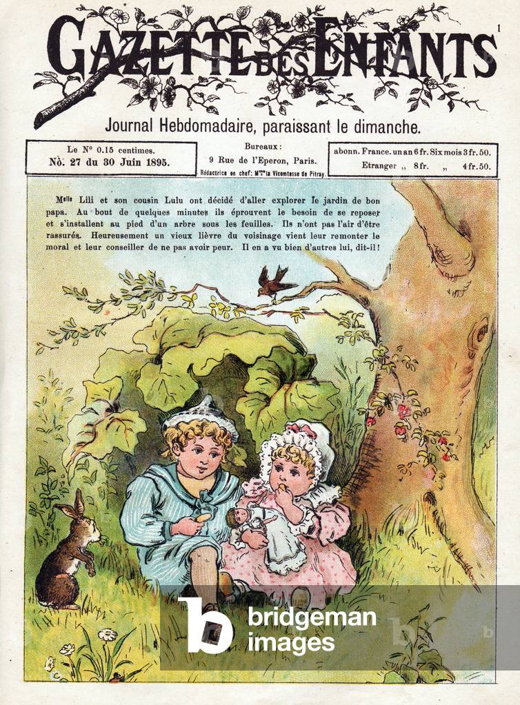 Two children with a rabbit in the forest, 1895 (engraving)