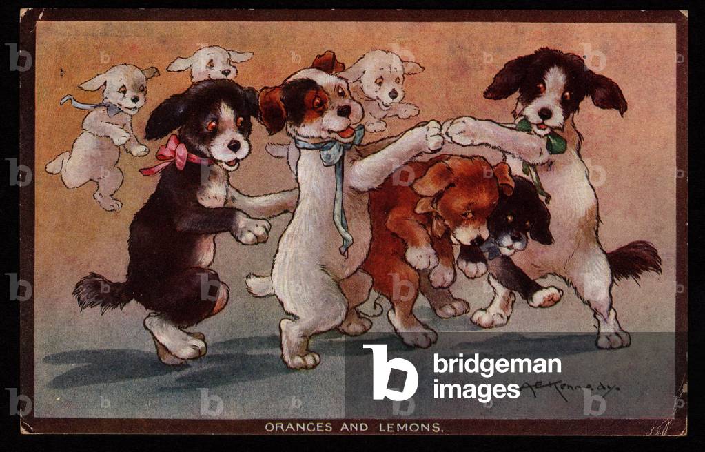 Animals in human-like poses. Dancing dogs. Postcard. Chromo by A.E. Kennedy (died 1963). C.W. Faulkner and Co., early 20th century.