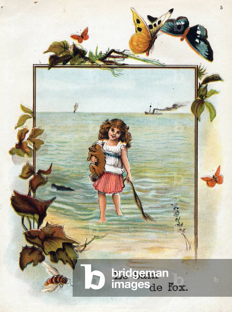 Fox's bath. Little girl and her dog in the sea, 1895 (engraving)