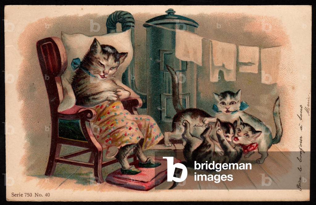 Animals in human-like poses. Kittens squabbling in front of their sleeping mother. Postcard. Chromo, early 20th century. .