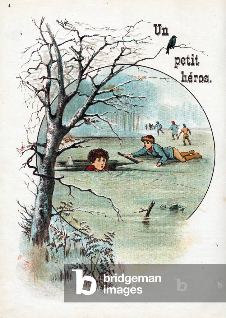 A little hero: a child saving a friend falls through the ice of a frozen lake, 1895 (engraving)