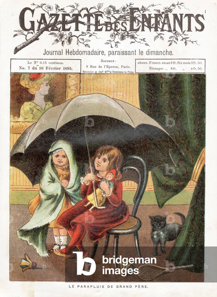 Grandfather's Umbrella: Two little girls in costumes and a doll under an enormous umbrella, 1895 (engraving)