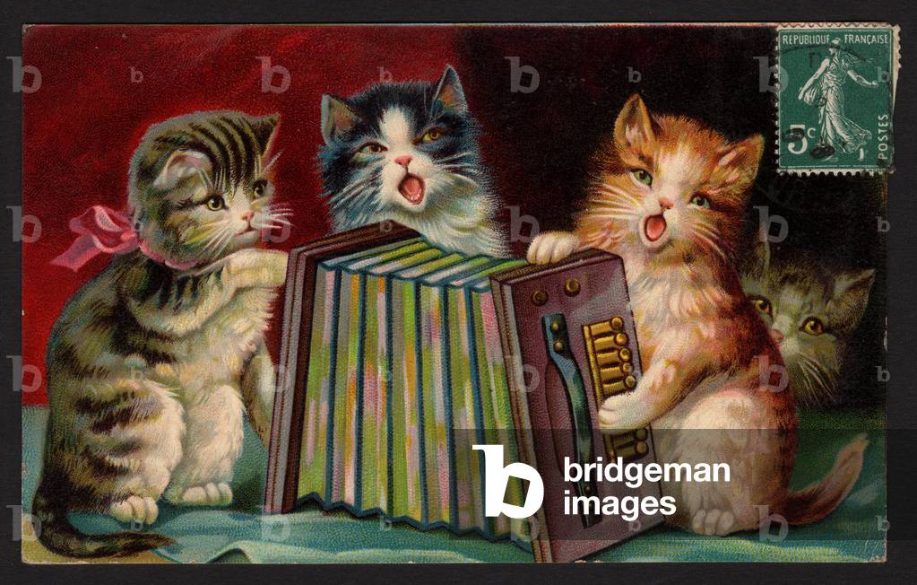 Animals in human-like poses. Kittens with accordions. Postcard. Chromo, early 20th century.