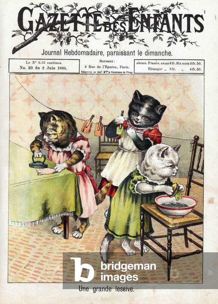 A large wash. Cats in human poses washing, drying and ironing clothes, 1895 (engraving)