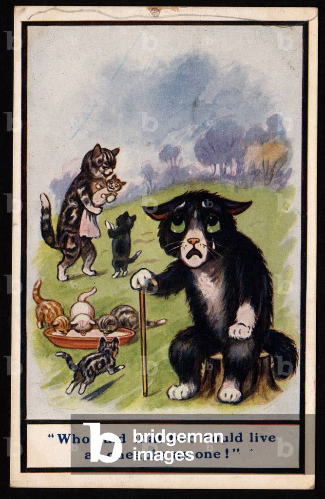 Who said that two could live as cheaply as one! Animals in human-like poses. A mother cat with kittens and a lone cat. Postcard.