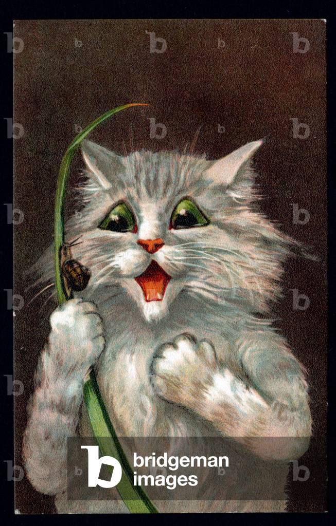 Animals in human-like poses. Cat holding a blade of grass with a snail in its paw. Postcard.  Early 20th century.