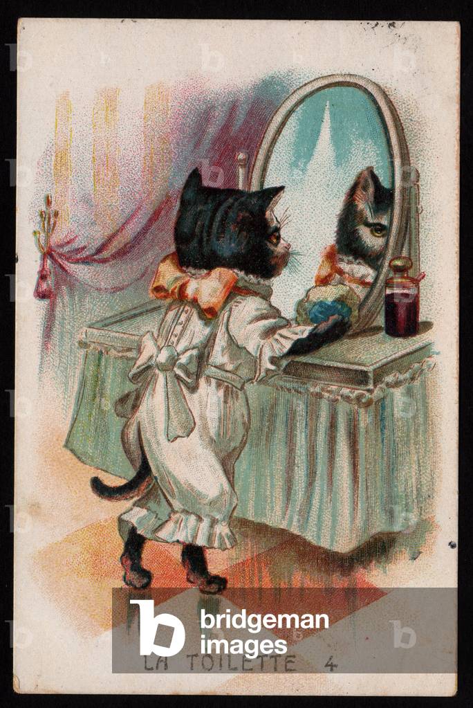 The Toilet. Animals in human-like poses. Cat at her dressing table, looking at herself in a mirror. Postcard. Chromo, early 20th century.