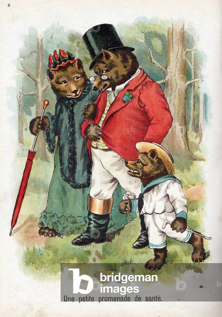 A health walk. The bear family in human poses strolling in the woods, 1895 (engraving)