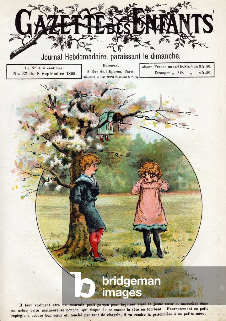Boy making his sister cry. He has placed his doll on a high tree branch, 1895 (engraving)