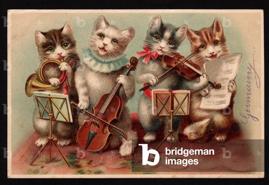 Animals in human poses. Orchestra of musical cats (violinist, cellist, singer, and horn player). Chromo, early 20th century.