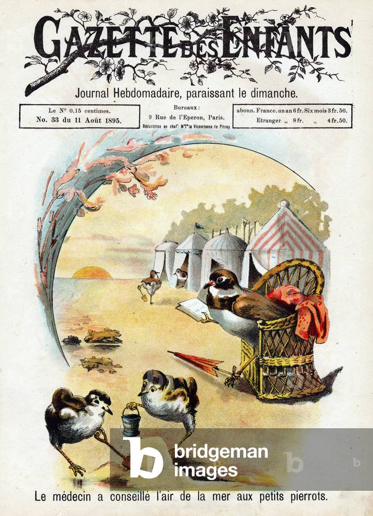 The doctor recommended sea air to the little Pierrots. Birds in human poses on holiday at the beach, 1895 (engraving)