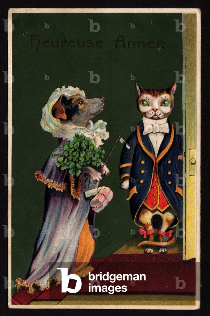 Happy New Year. Animals in human-like poses. Dog entering a reception and cat doorman. chromo postcard early 20th century.