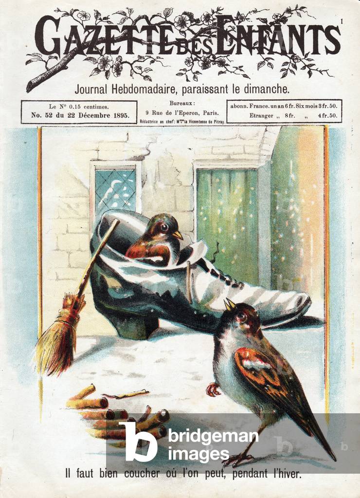 One must sleep wherever one can during the winter. Birds having established their home in shoes, 1895 (engraving)Private collection Jean-Paul Paireault.