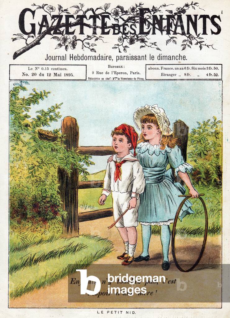 The little nest. Children playing in a garden. Children embracing under the mistletoe, 1895 (engraving)