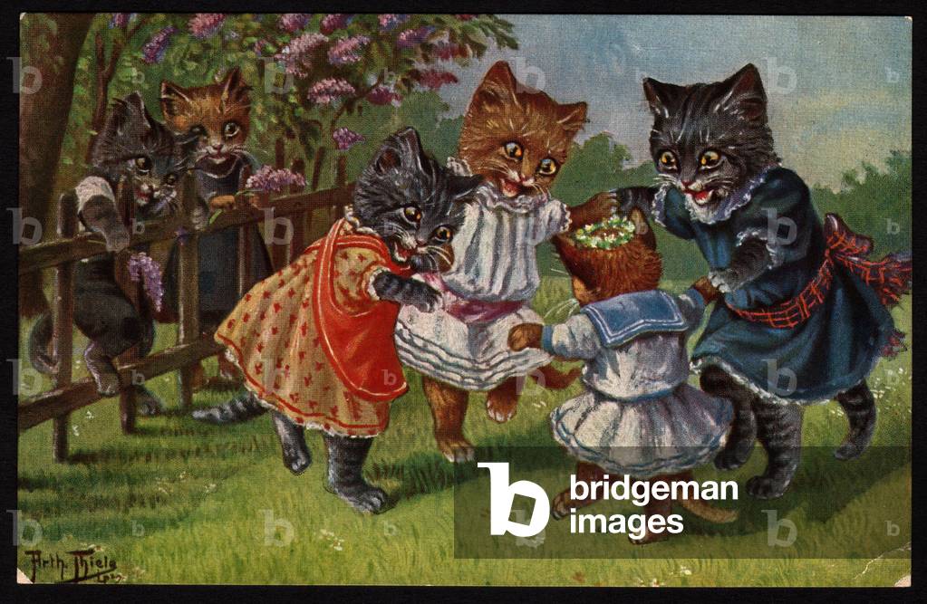 Animals in human-like poses. Cats dancing in a circle with toms watching them under the lilacs behind the fence. Postcard.