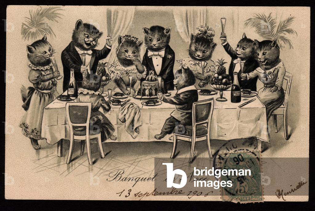 Wedding Banquet. Animals in human poses. Cats celebrating their marriage. Postcard.