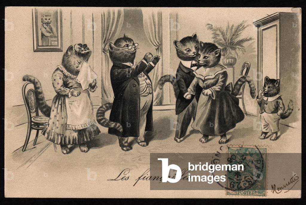 The Engagement. Animals in human poses. Postcard.
