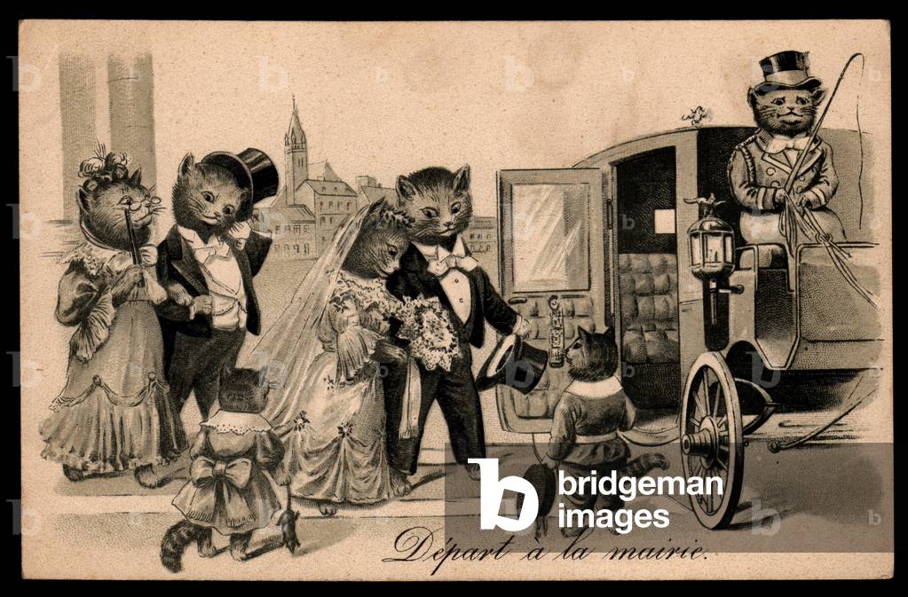 Departure to the town hall: A couple of cats getting into a carriage for their wedding (chromo)