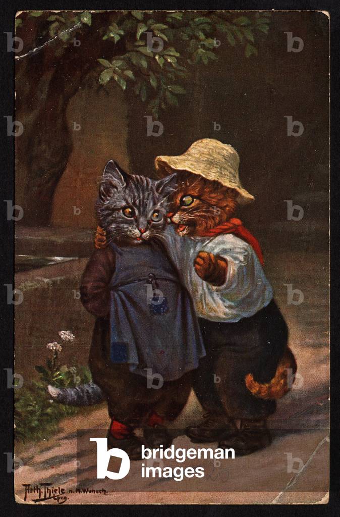 Animals in human-like poses. A cat seducing a female cat by whispering in her ear. Postcard.