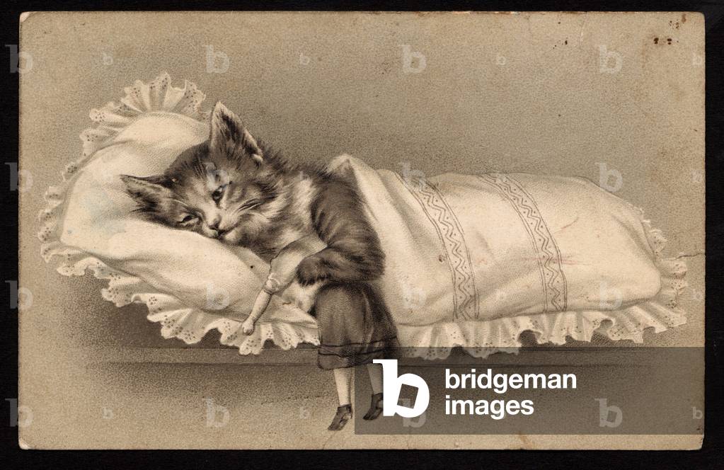 Animals in human-like poses. Cat sleeping in a bed with a little girl beside it. Postcard. (chromo)
