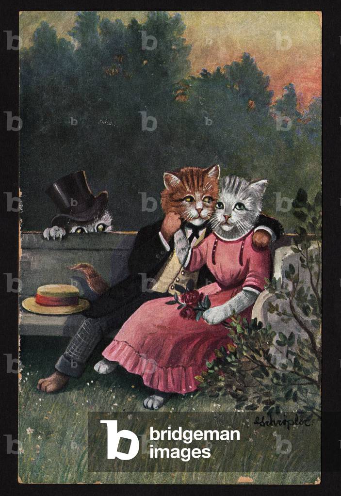 Animals in human-like poses. A pair of cats flirting in a park and a jealous husband. chromo postcard early 20th century.