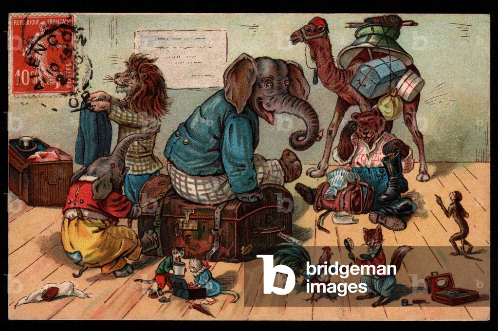 Animals in human-like poses. Elephant, Dromedary, Lion, Rooster, Cat, Mouse, Monkey, and Bear packing their suitcases. Chromo, early 20th century.