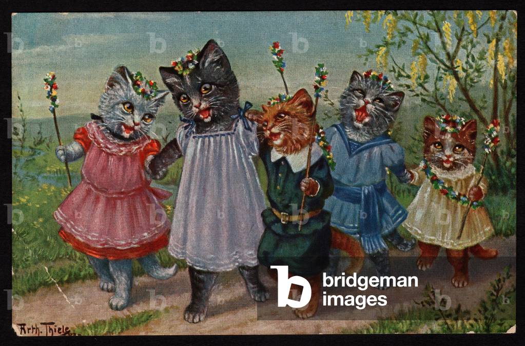 Animals in human-like poses. Cats singing along the path. Postcard.