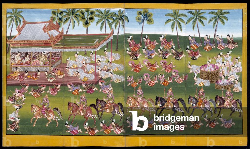 Ms 17 Burmese court life, to the left a Prince lies under a canopy, to the right musicians play (gouache on paper)