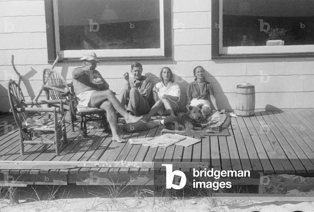 W. H. Auden with Tania Stern, Noemi Kenmore and her husband, Fire Island, New York, summer 1949 (b/w photo)