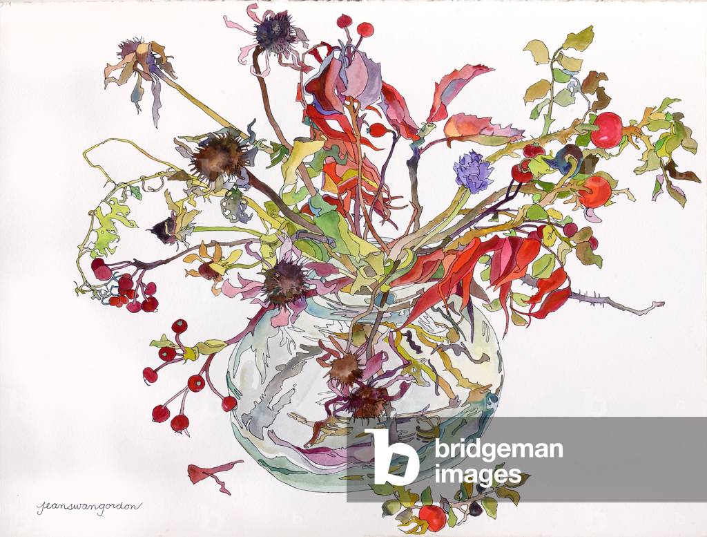 Last of Autumn Color in Glass Bowl (w/c & ink on paper)