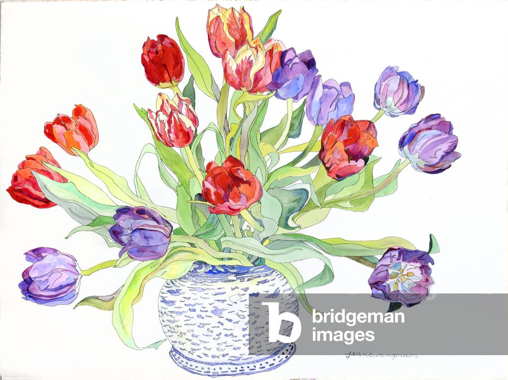Tulips in Bowl With Painted Fish & Bird Design, 2006 (w/c & ink on paper)