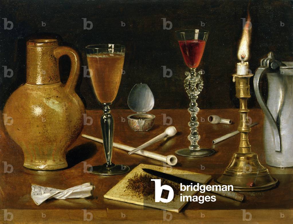 Still life with Glasses, Candlesticks and a Pipe (oil on panel)