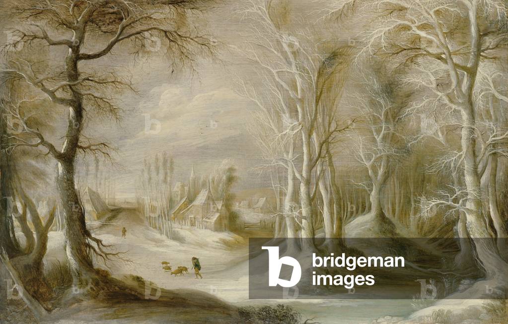 Winter landscape with a peasant walking through snow (oil on panel)