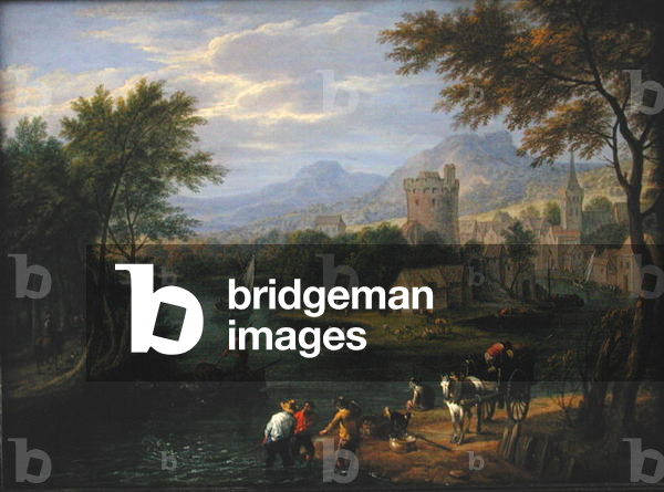 River valley landscape with travellers and fishermen (oil on panel) (see 199466 for pair)