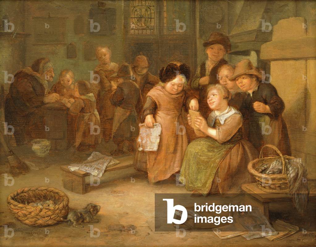 Bild von Gemälde "Ein Schoolroom Interieur (Öl auf Platte)" von Richard Brakenburg, b/w