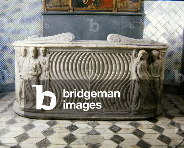 Baptismal font constructed from a Roman 3rd century AD sarcophagus (marble)
